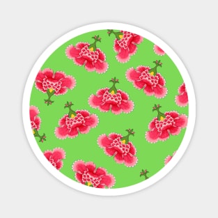 Chinese Vintage Pink and Red Flowers with Vivid Lime Green - Hong Kong Traditional Floral Pattern Magnet